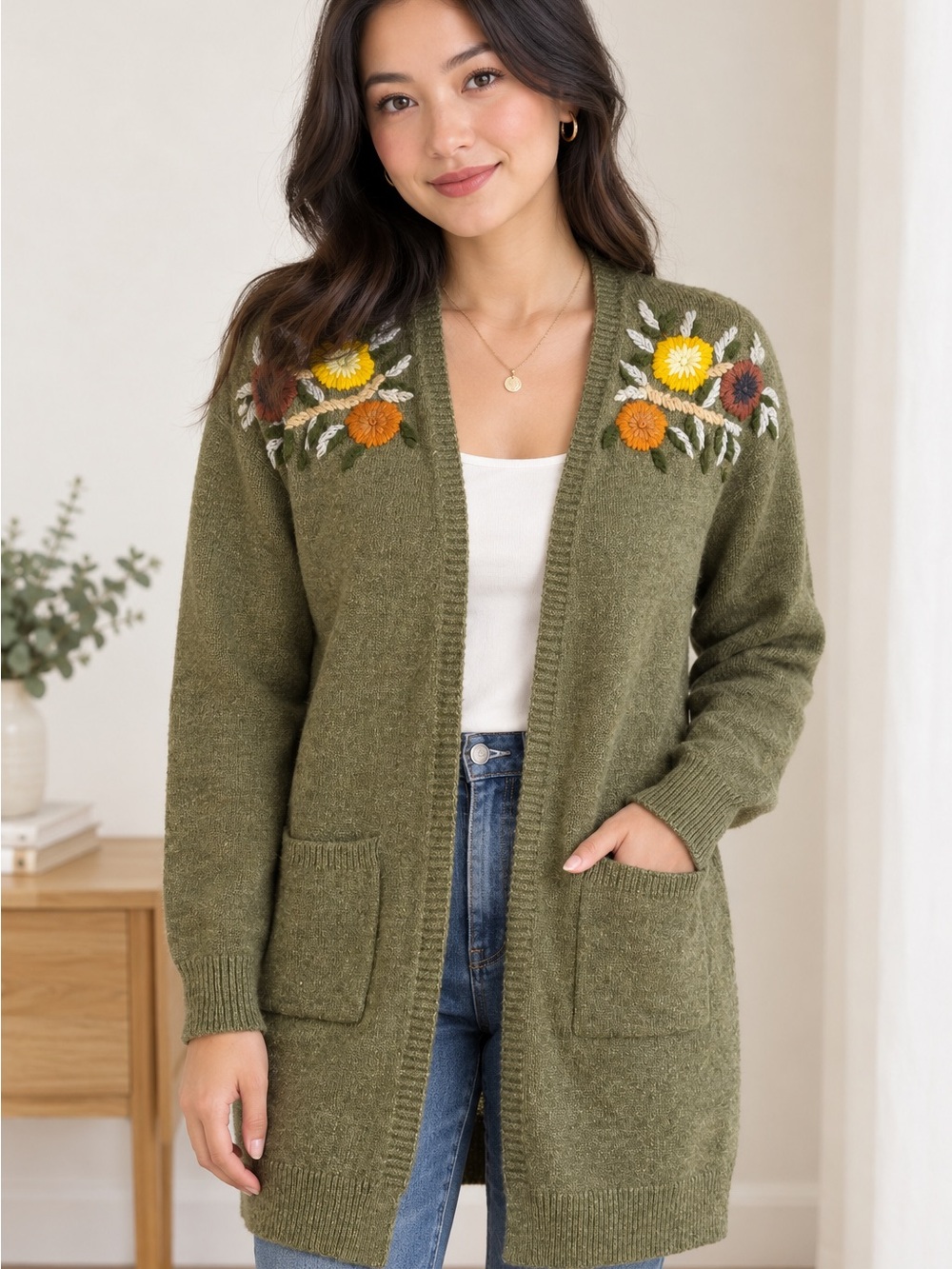 Boundless North women’s Green Floral Embroidered Open-Front Cardigan Sweater, S